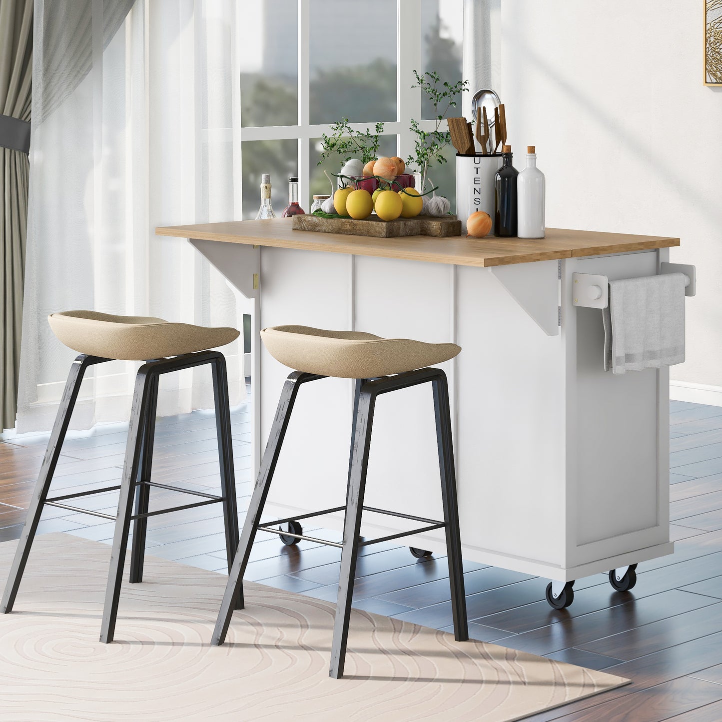 Kitchen Cart with Rubber wood Drop-Leaf Countertop,Cabinet door internal storage racks,Kitchen Island on 5 Wheels with Storage Cabinet and 3 Drawers for Dinning Room,White image 9