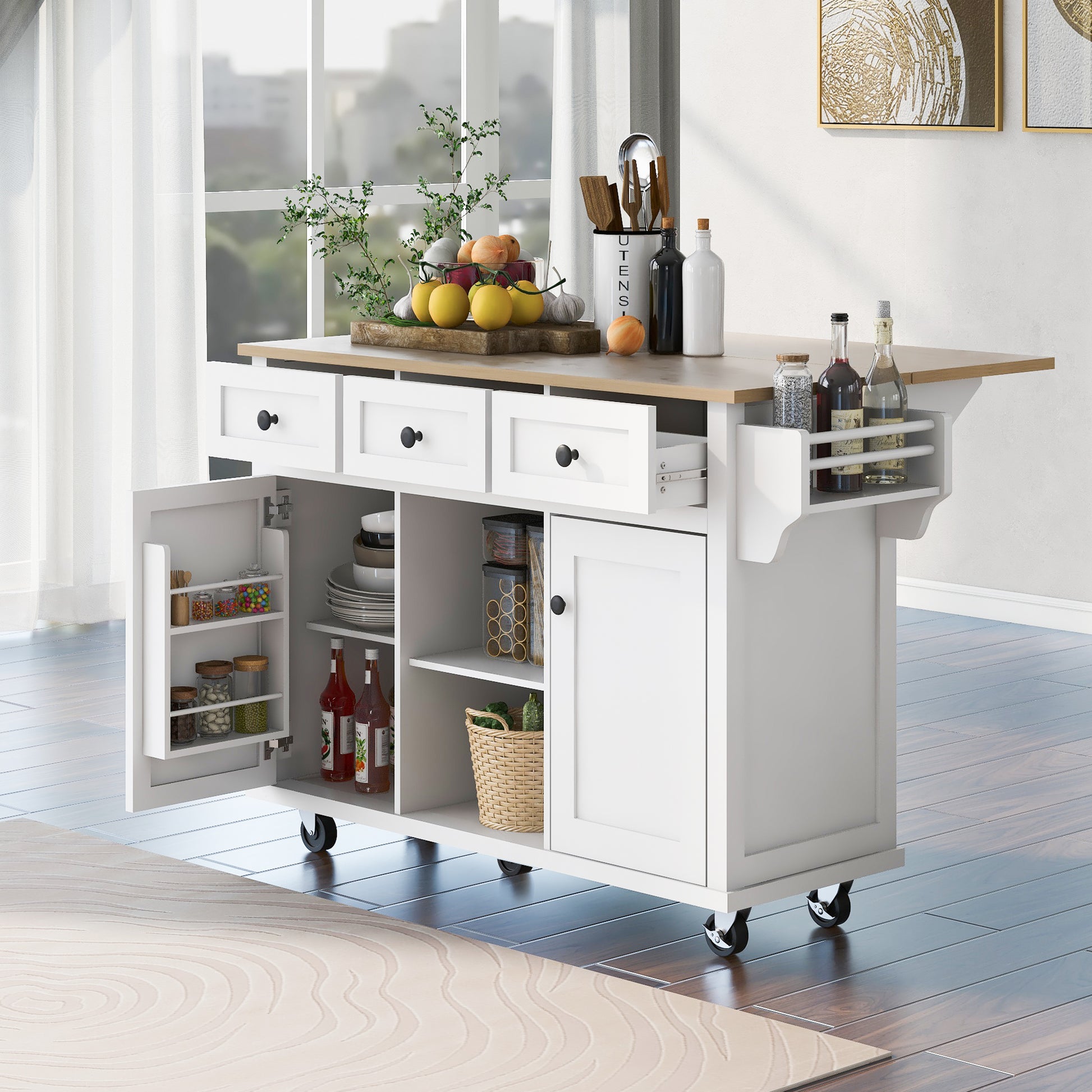 Kitchen Cart with Rubber wood Drop-Leaf Countertop,Cabinet door internal storage racks,Kitchen Island on 5 Wheels with Storage Cabinet and 3 Drawers for Dinning Room,White image 8