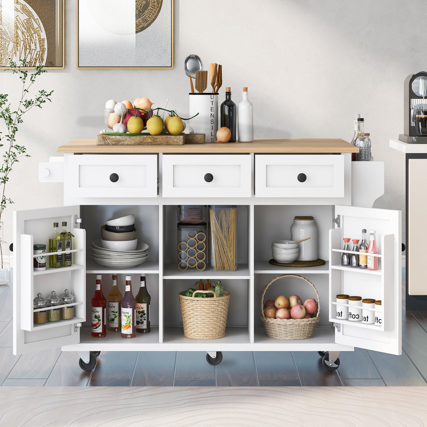 Kitchen Cart with Rubber wood Drop-Leaf Countertop,Cabinet door internal storage racks,Kitchen Island on 5 Wheels with Storage Cabinet and 3 Drawers for Dinning Room,White image 1