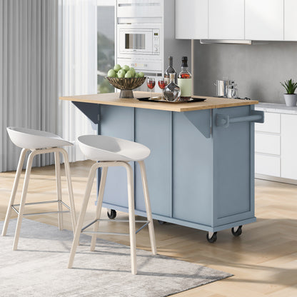 Kitchen Cart with Rubber wood Drop-Leaf Countertop,Cabinet door internal storage racks,Kitchen Island on 5 Wheels with Storage Cabinet and 3 Drawers for Dinning Room, Grey Blue image 8