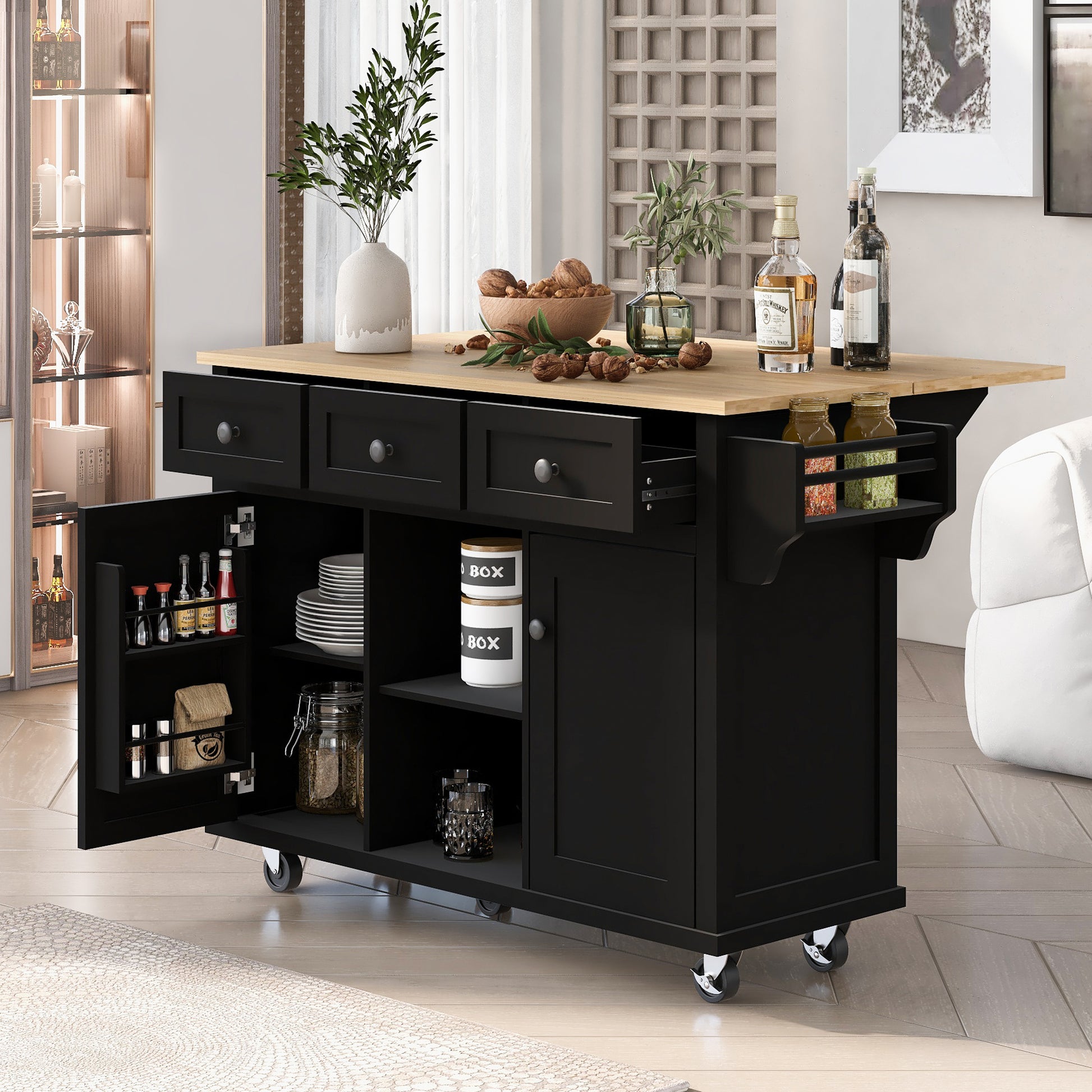 Kitchen Cart with Rubber wood Drop-Leaf Countertop,Cabinet door internal storage racks,Kitchen Island on 5 Wheels with Storage Cabinet and 3 Drawers for Dinning Room, Black image 8