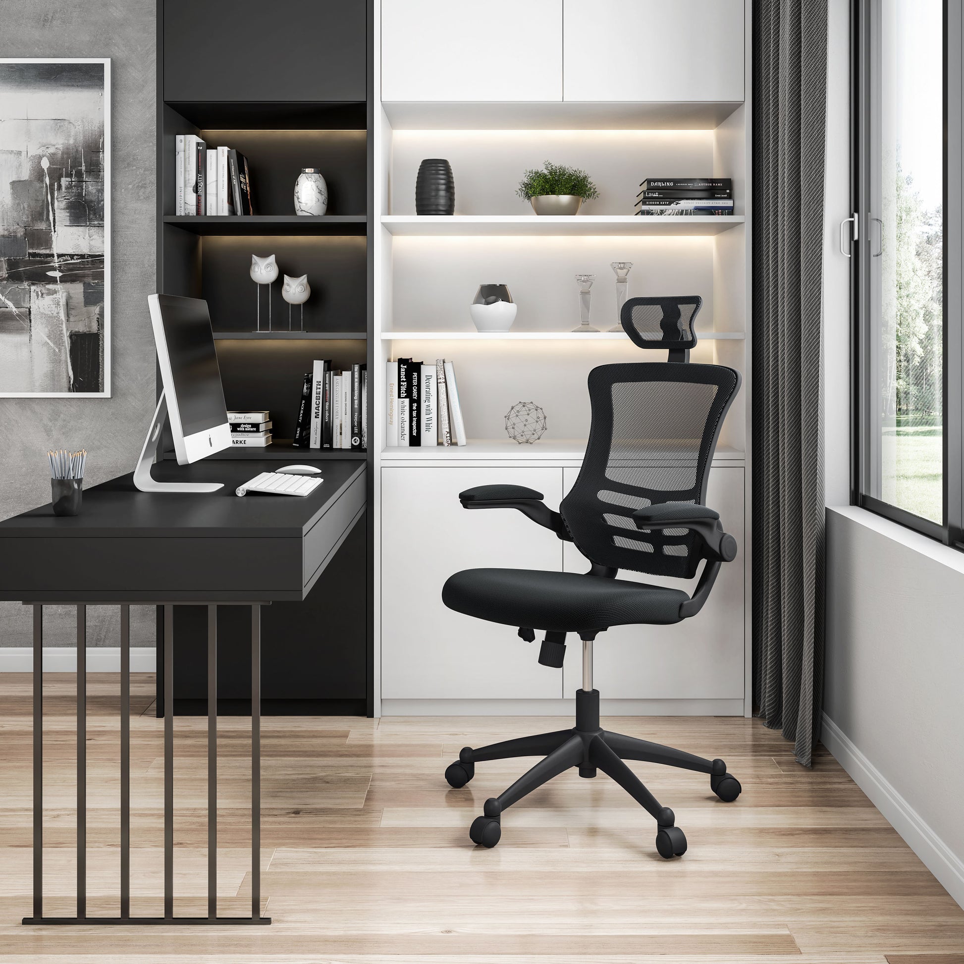 Techni Mobili Modern High-Back Mesh Executive Office Chair with Headrest and Flip-Up Arms, Black image 1
