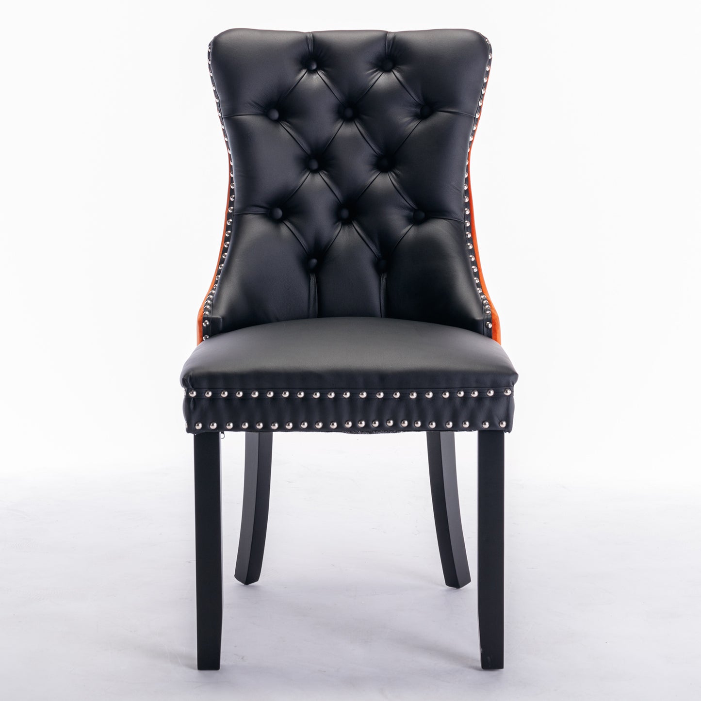 A&A Furniture,Nikki Collection Modern, High-end Tufted Solid Wood Contemporary PU and Velvet Upholstered Dining Chair with Wood Legs Nailhead Trim 2-Pcs Set，Black+Orange, SW2101BO image 2