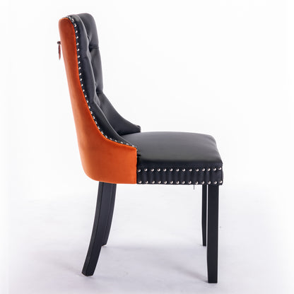 A&A Furniture,Nikki Collection Modern, High-end Tufted Solid Wood Contemporary PU and Velvet Upholstered Dining Chair with Wood Legs Nailhead Trim 2-Pcs Set，Black+Orange, SW2101BO image 4