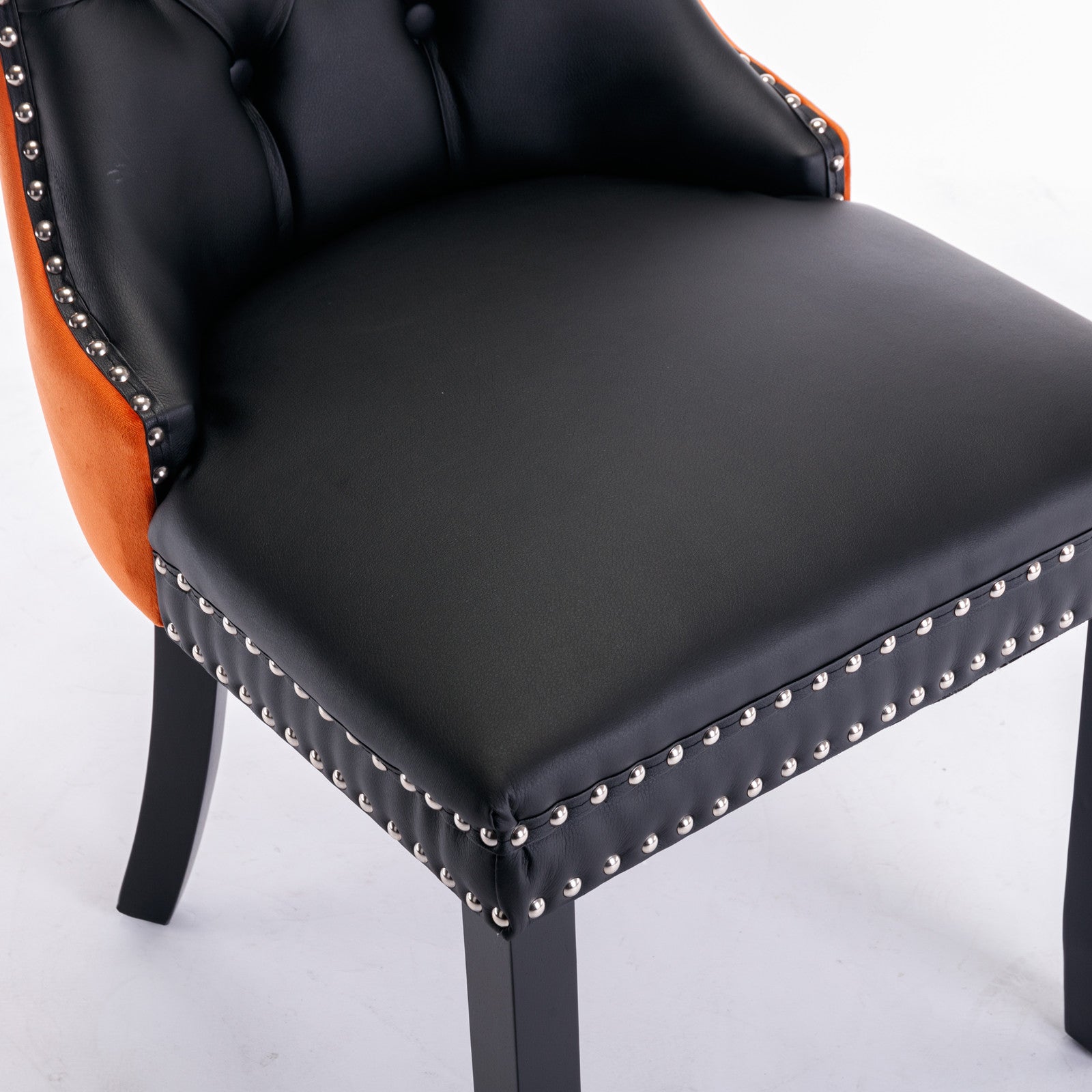 A&A Furniture,Nikki Collection Modern, High-end Tufted Solid Wood Contemporary PU and Velvet Upholstered Dining Chair with Wood Legs Nailhead Trim 2-Pcs Set，Black+Orange, SW2101BO image 11