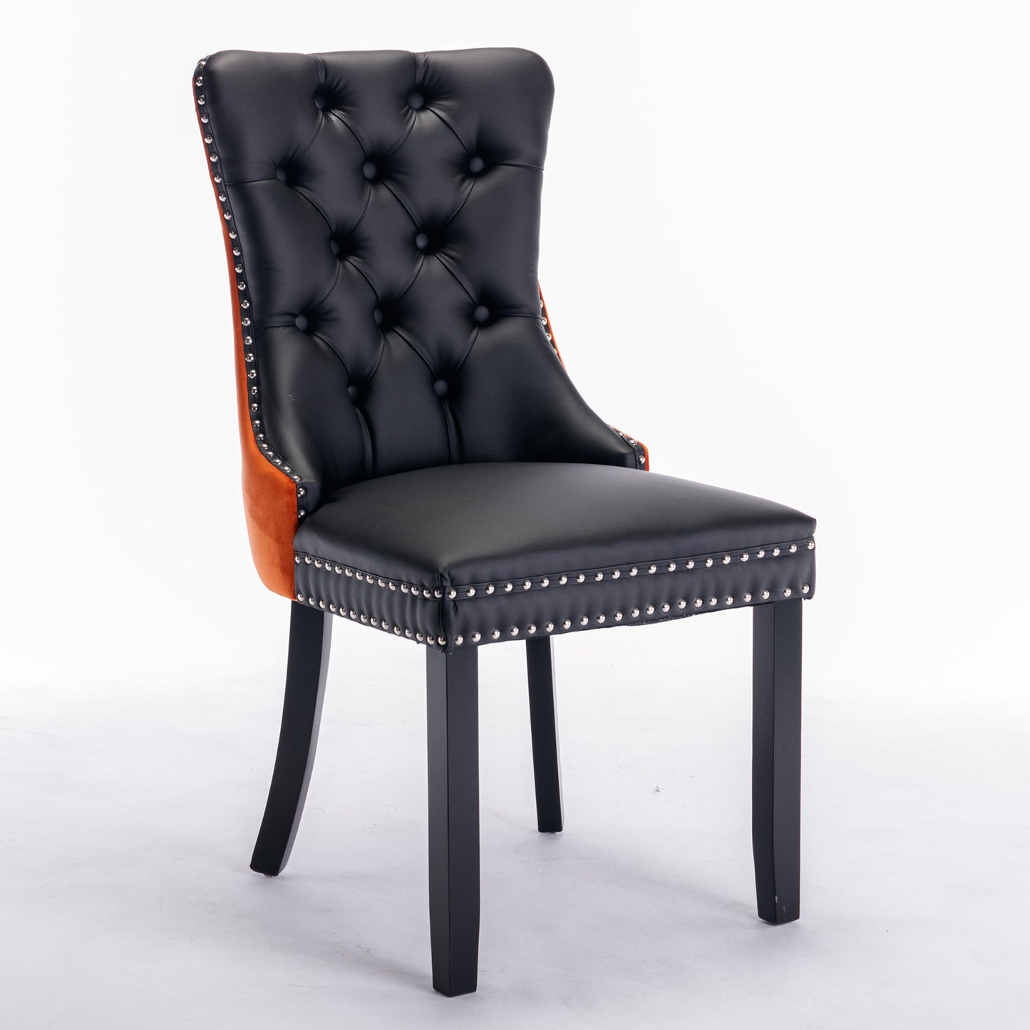 A&A Furniture,Nikki Collection Modern, High-end Tufted Solid Wood Contemporary PU and Velvet Upholstered Dining Chair with Wood Legs Nailhead Trim 2-Pcs Set，Black+Orange, SW2101BO image 3