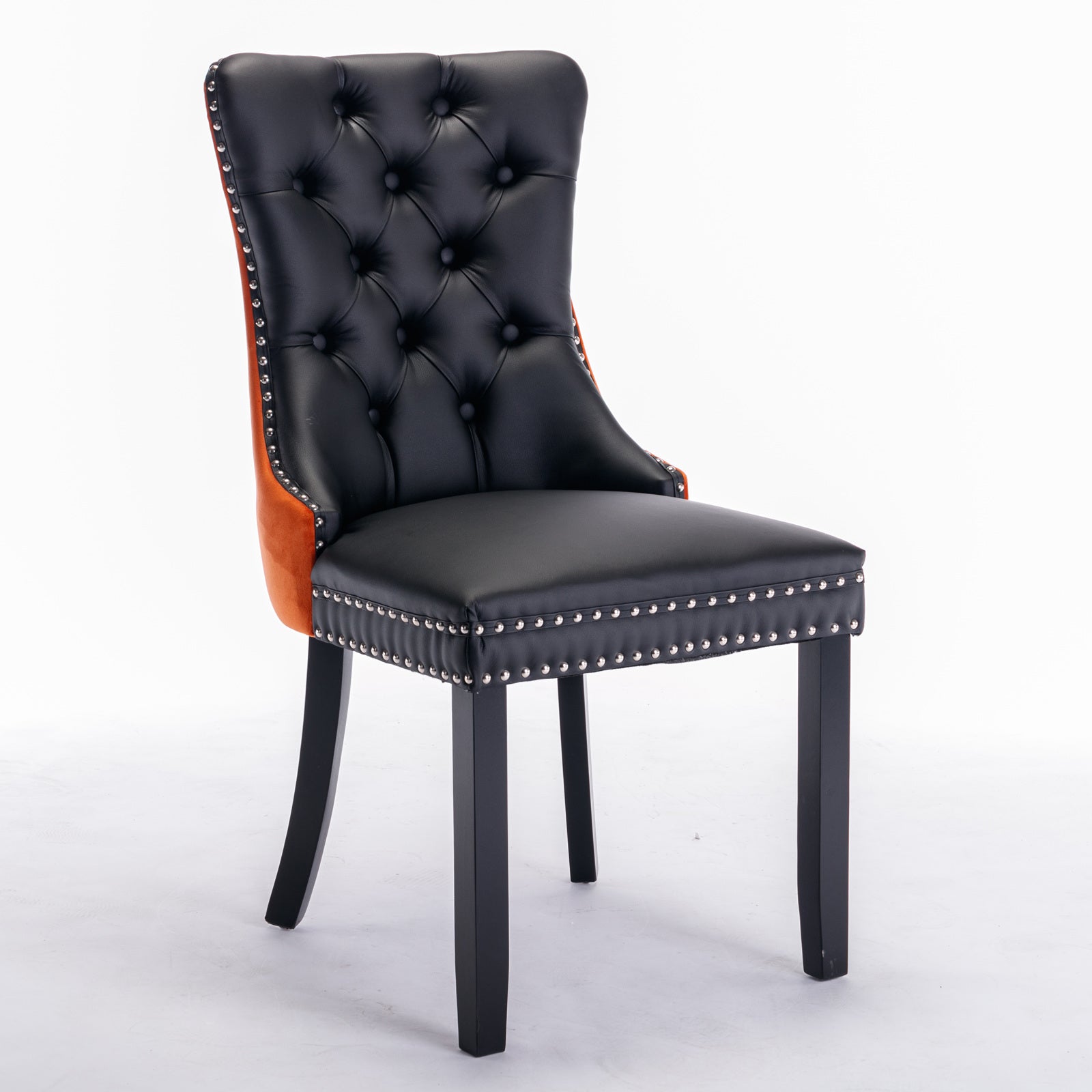 A&A Furniture,Nikki Collection Modern, High-end Tufted Solid Wood Contemporary PU and Velvet Upholstered Dining Chair with Wood Legs Nailhead Trim 2-Pcs Set，Black+Orange, SW2101BO image 3