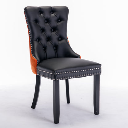 A&A Furniture,Nikki Collection Modern, High-end Tufted Solid Wood Contemporary PU and Velvet Upholstered Dining Chair with Wood Legs Nailhead Trim 2-Pcs Set，Black+Orange, SW2101BO image 3