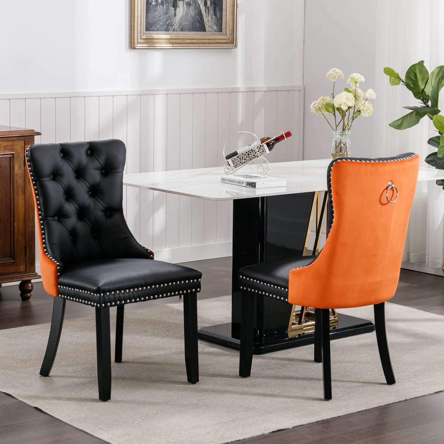 A&A Furniture,Nikki Collection Modern, High-end Tufted Solid Wood Contemporary PU and Velvet Upholstered Dining Chair with Wood Legs Nailhead Trim 2-Pcs Set，Black+Orange, SW2101BO image 1