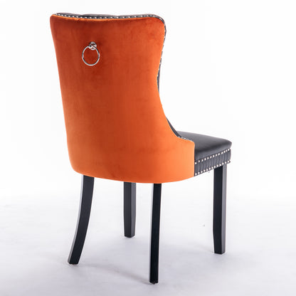 A&A Furniture,Nikki Collection Modern, High-end Tufted Solid Wood Contemporary PU and Velvet Upholstered Dining Chair with Wood Legs Nailhead Trim 2-Pcs Set，Black+Orange, SW2101BO image 5