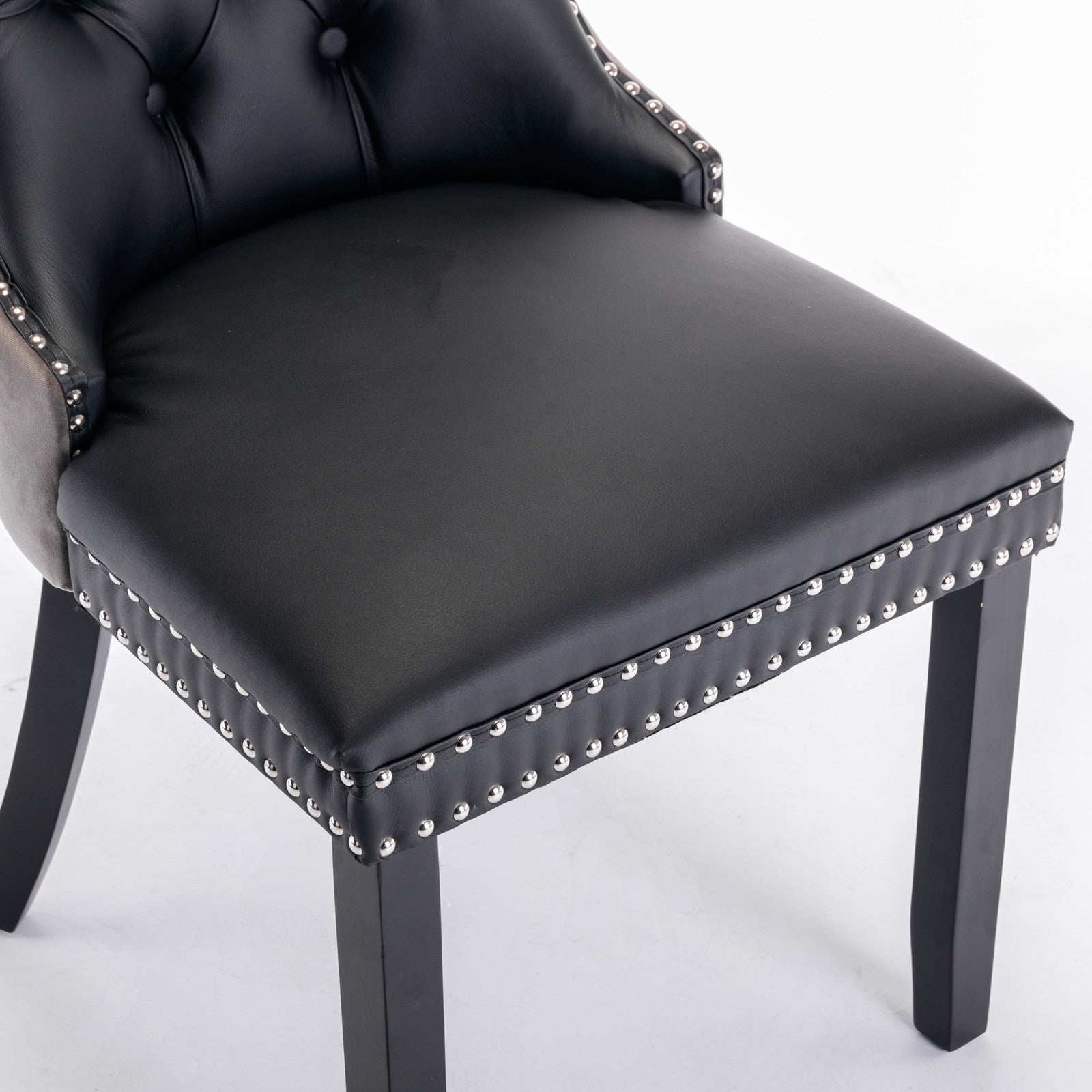 A&A Furniture,Nikki Collection Modern, High-end Tufted Solid Wood Contemporary PU and Velvet Upholstered Dining Chair with Wood Legs Nailhead Trim 2-Pcs Set，Black+Gray, SW2101BG image 11