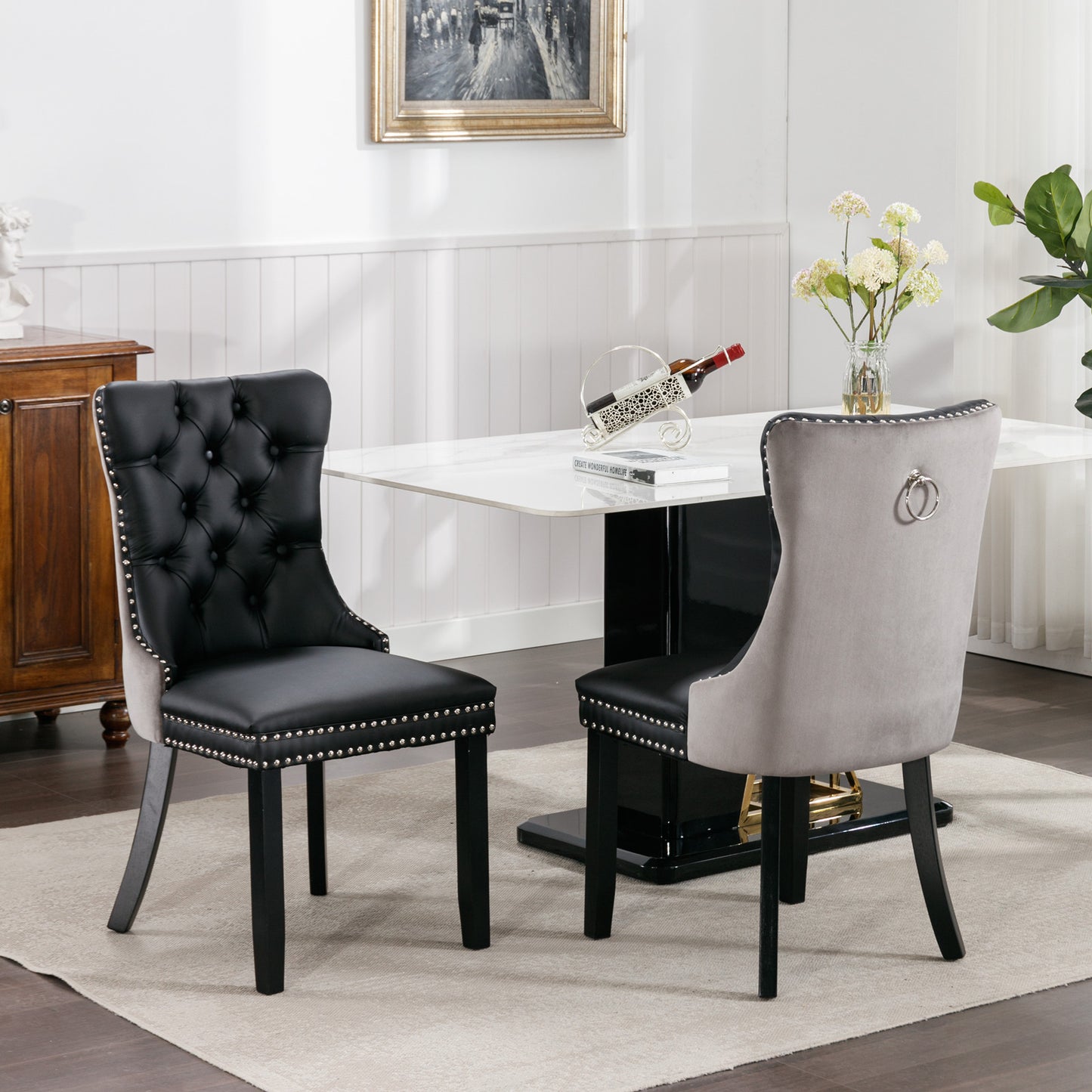 A&A Furniture,Nikki Collection Modern, High-end Tufted Solid Wood Contemporary PU and Velvet Upholstered Dining Chair with Wood Legs Nailhead Trim 2-Pcs Set，Black+Gray, SW2101BG image 1
