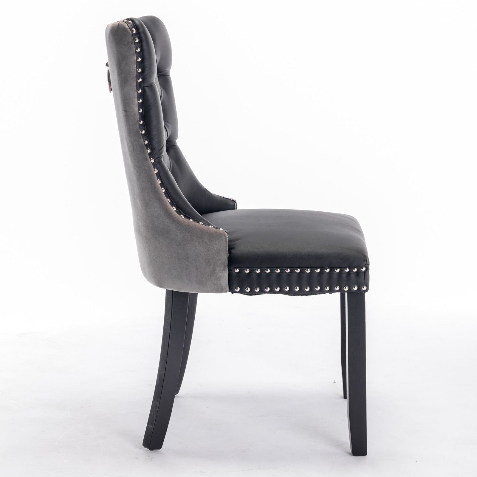 A&A Furniture,Nikki Collection Modern, High-end Tufted Solid Wood Contemporary PU and Velvet Upholstered Dining Chair with Wood Legs Nailhead Trim 2-Pcs Set，Black+Gray, SW2101BG image 4
