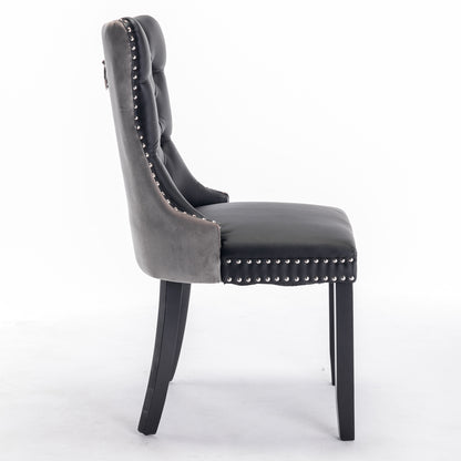 A&A Furniture,Nikki Collection Modern, High-end Tufted Solid Wood Contemporary PU and Velvet Upholstered Dining Chair with Wood Legs Nailhead Trim 2-Pcs Set，Black+Gray, SW2101BG image 4