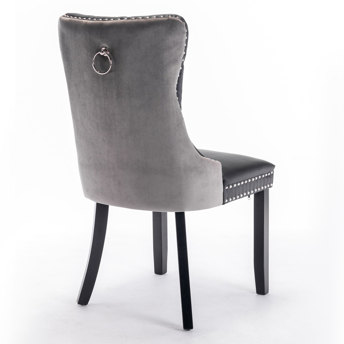 A&A Furniture,Nikki Collection Modern, High-end Tufted Solid Wood Contemporary PU and Velvet Upholstered Dining Chair with Wood Legs Nailhead Trim 2-Pcs Set，Black+Gray, SW2101BG image 5