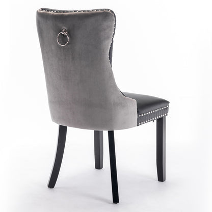 A&A Furniture,Nikki Collection Modern, High-end Tufted Solid Wood Contemporary PU and Velvet Upholstered Dining Chair with Wood Legs Nailhead Trim 2-Pcs Set，Black+Gray, SW2101BG image 5