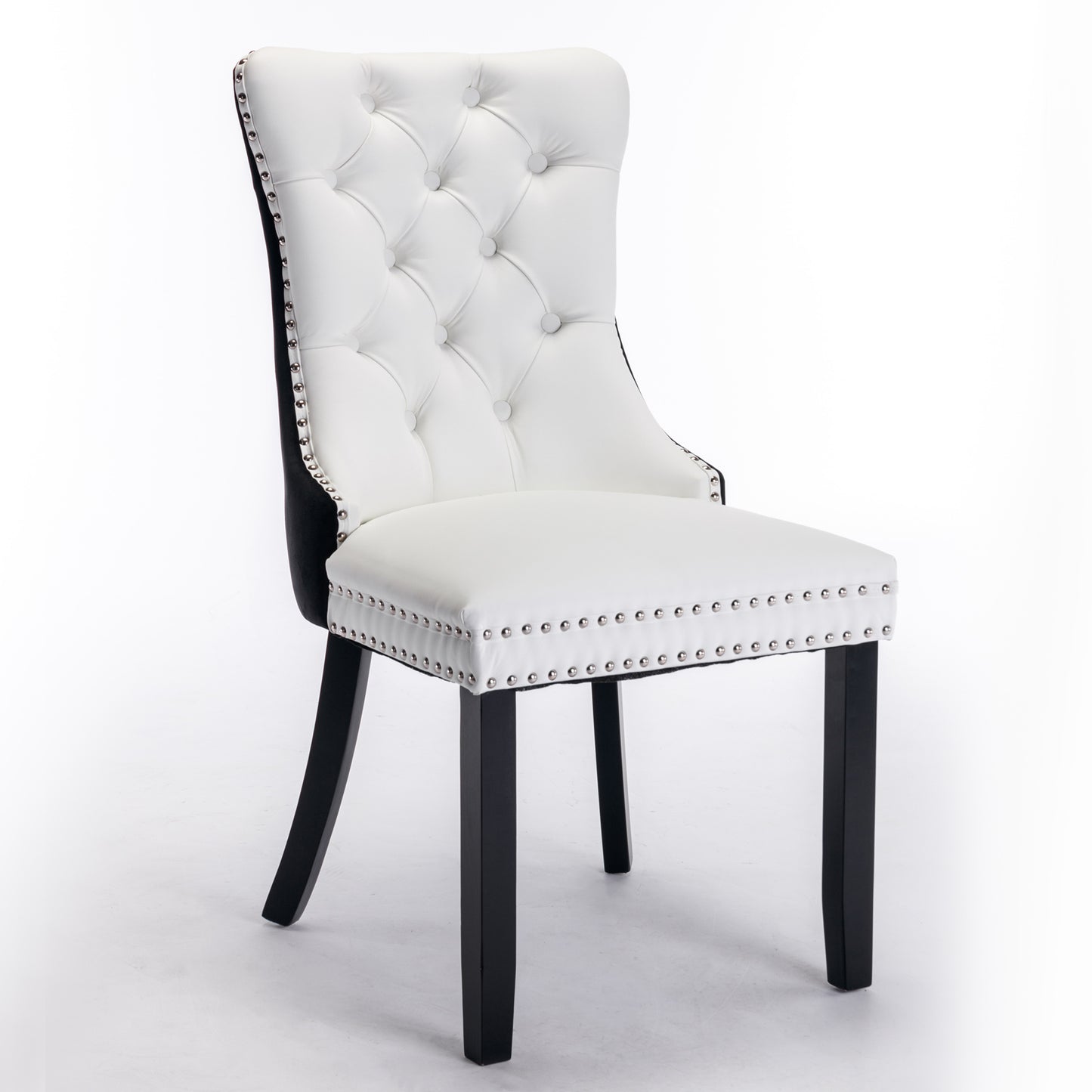 A&A Furniture,Nikki Collection Modern,High-end Tufted Solid Wood Contemporary PU and Velvet Upholstered Dining Chair with Wood Legs Nailhead Trim 2 Pcs Set,White+Black, SW2101WB image 3