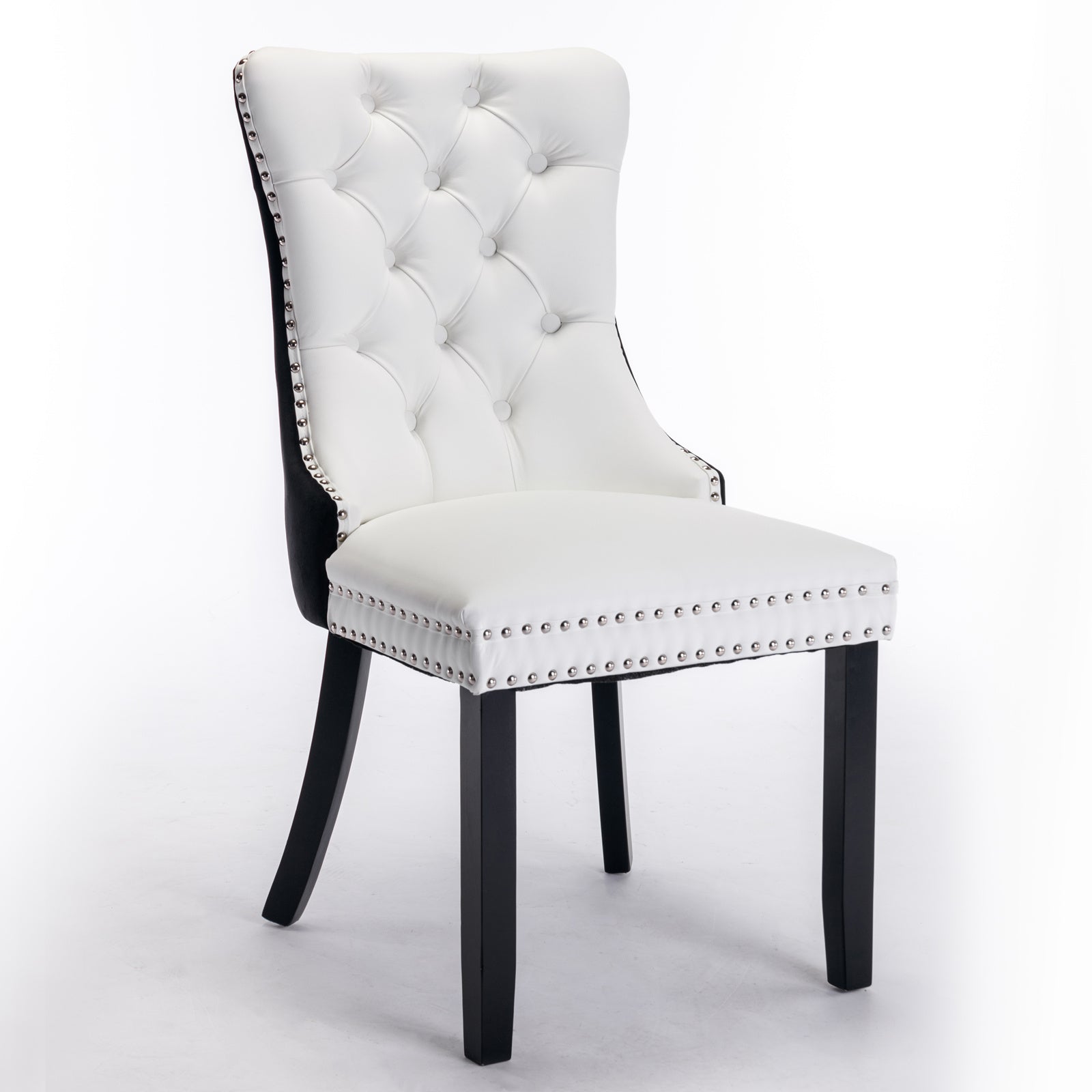 A&A Furniture,Nikki Collection Modern,High-end Tufted Solid Wood Contemporary PU and Velvet Upholstered Dining Chair with Wood Legs Nailhead Trim 2 Pcs Set,White+Black, SW2101WB image 3