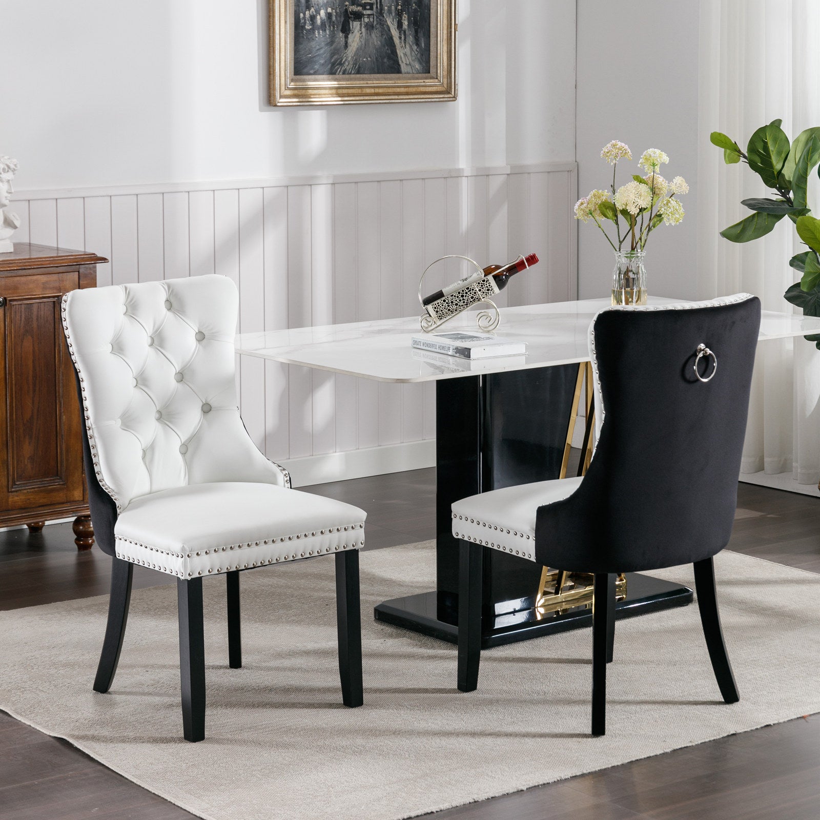 A&A Furniture,Nikki Collection Modern,High-end Tufted Solid Wood Contemporary PU and Velvet Upholstered Dining Chair with Wood Legs Nailhead Trim 2 Pcs Set,White+Black, SW2101WB image 1