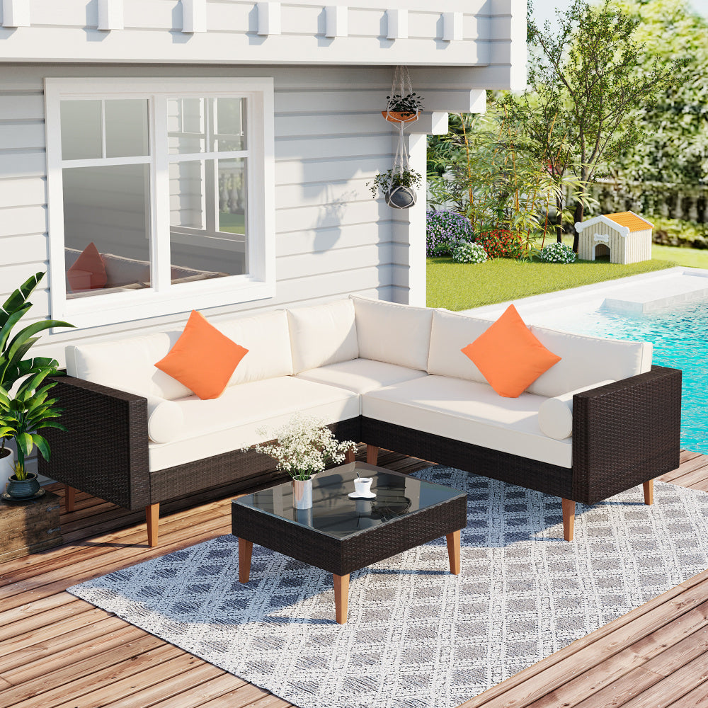 GO 4-pieces Outdoor Wicker Sofa Set, Patio Furniture with Colorful Pillows, L-shape sofa set, Gray cushions and Black Rattan