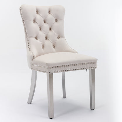 Nikki Collection Modern, High-end Tufted Solid Wood Contemporary Velvet Upholstered Dining Chair with Chrome Stainless Steel Plating Legs,Nailhead Trim,Set of 2，Beige and Chrome, SW1701BG image 3