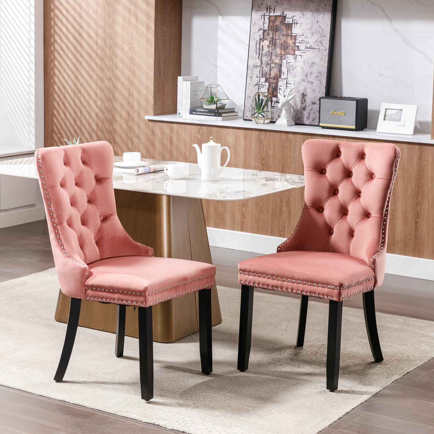 Nikki Collection Modern, High-end Tufted Solid Wood Contemporary Velvet Upholstered Dining Chair with Wood Legs Nailhead Trim 2-Pcs Set,Pink, SW2001PK image 1