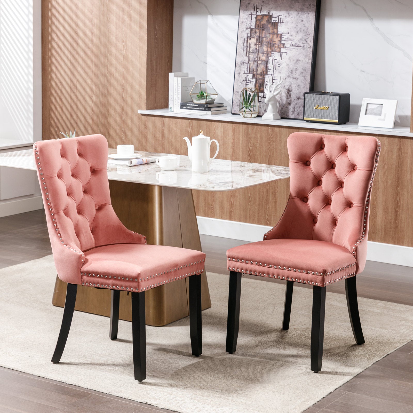 Nikki Collection Modern, High-end Tufted Solid Wood Contemporary Velvet Upholstered Dining Chair with Wood Legs Nailhead Trim 2-Pcs Set,Pink, SW2001PK image 1