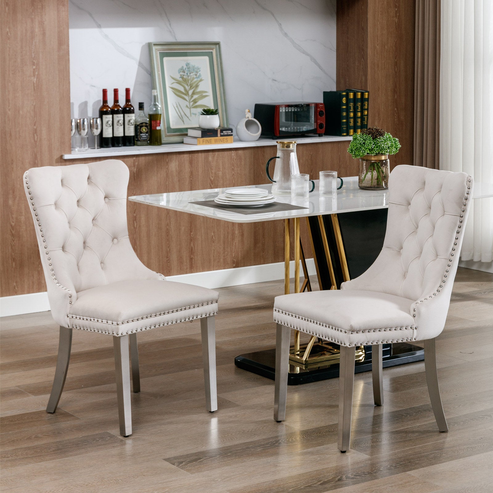 Nikki Collection Modern, High-end Tufted Solid Wood Contemporary Velvet Upholstered Dining Chair with Chrome Stainless Steel Plating Legs,Nailhead Trim,Set of 2，Beige and Chrome, SW1701BG image 1