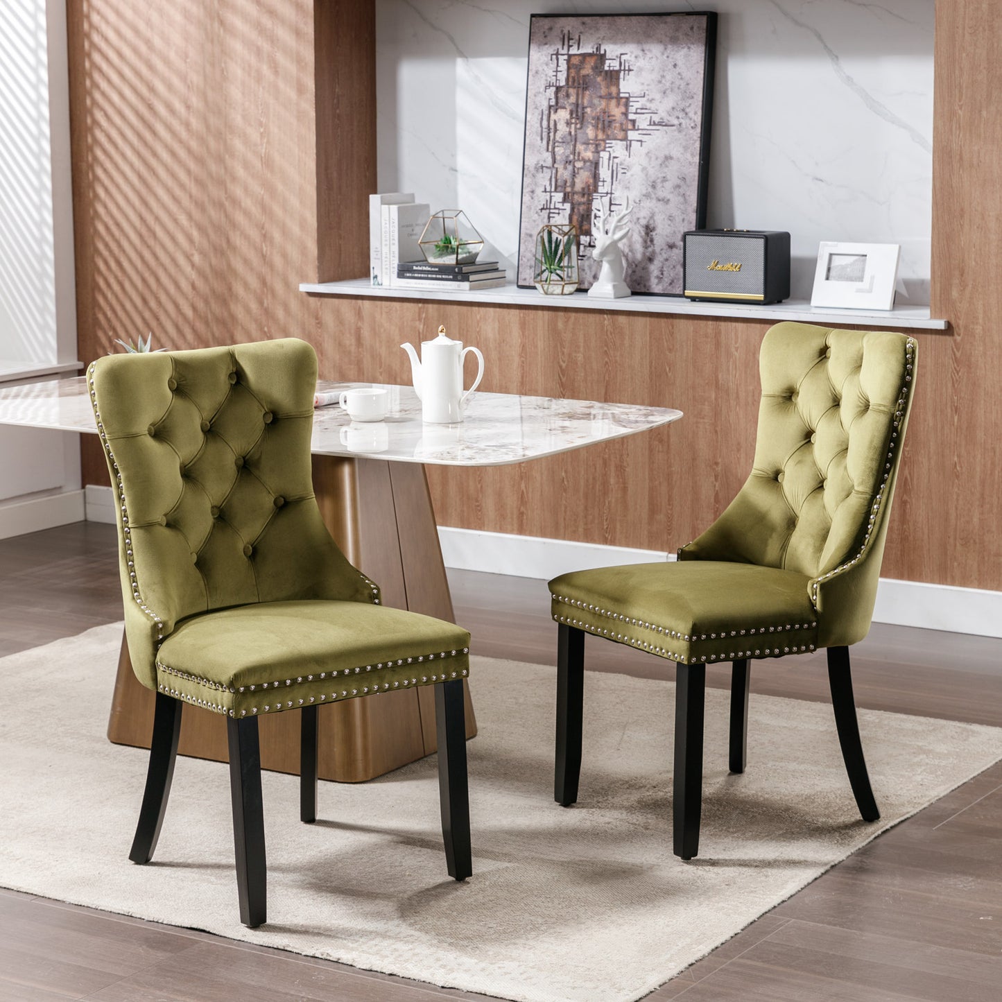 Nikki Collection Modern, High-end Tufted Solid Wood Contemporary Velvet Upholstered Dining Chair with Wood Legs Nailhead Trim 2-Pcs Set,Olive-Green,SW2001OL image 1