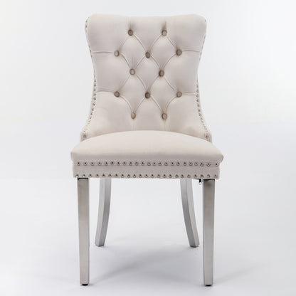 Nikki Collection Modern, High-end Tufted Solid Wood Contemporary Velvet Upholstered Dining Chair with Chrome Stainless Steel Plating Legs,Nailhead Trim,Set of 2，Beige and Chrome, SW1701BG image 2