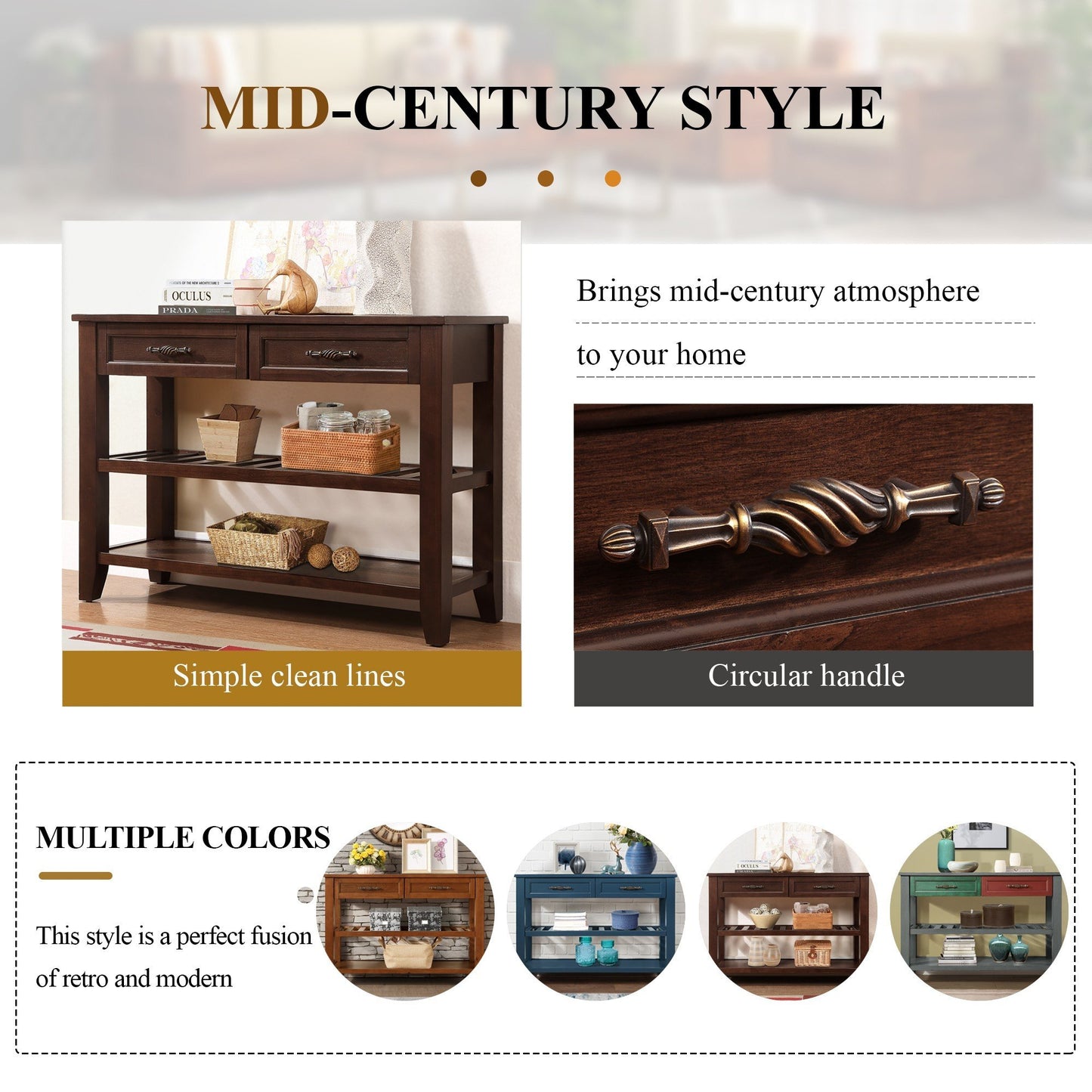 Console Sofa Table with 2 Storage Drawers and 2 Tiers Shelves, Mid-Century Style 42'' Solid Wood Buffet Sideboard for Living Room Furniture Kitchen Dining Room Entryway Hallway, Espresso (W120284583) image 6