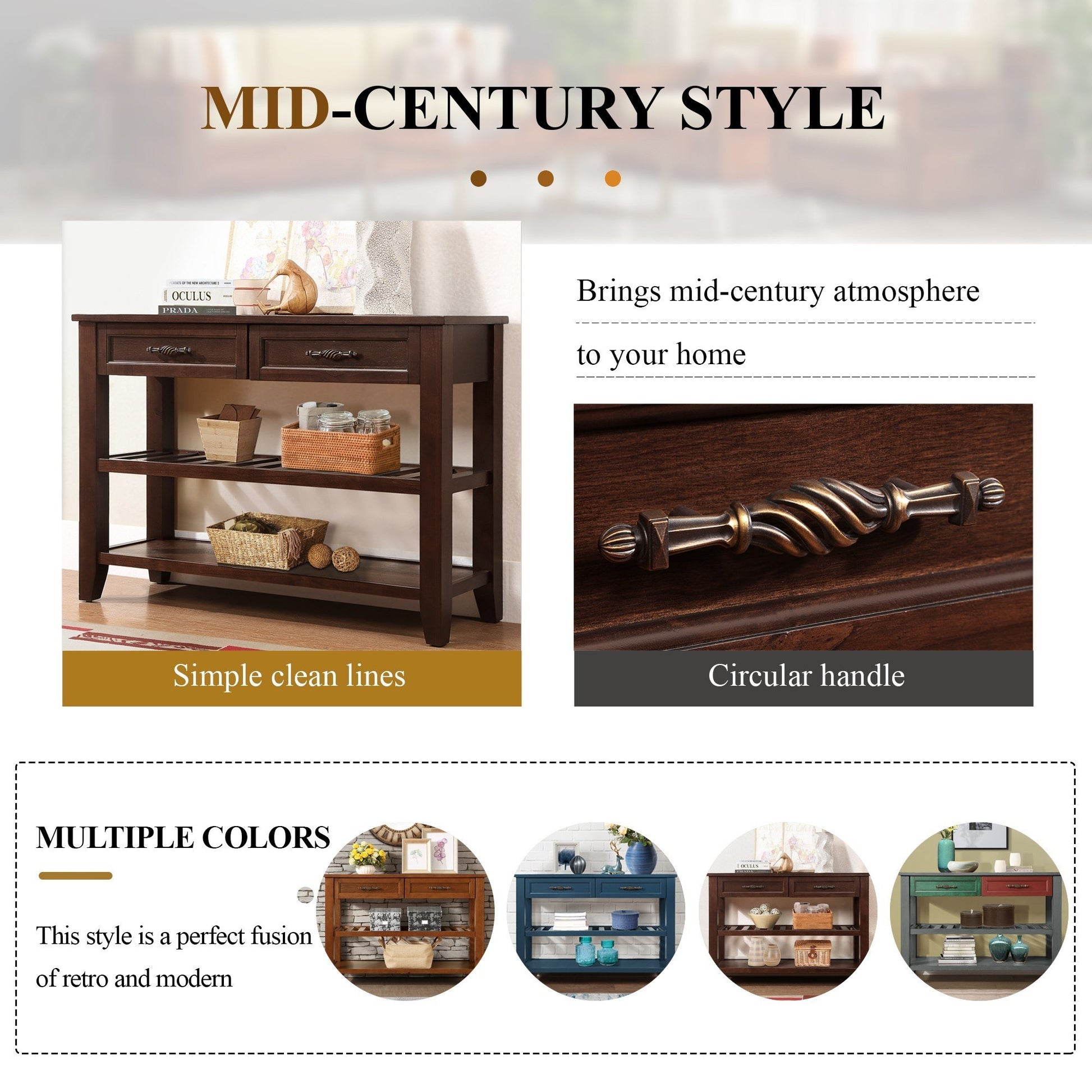 Console Sofa Table with 2 Storage Drawers and 2 Tiers Shelves, Mid-Century Style 42'' Solid Wood Buffet Sideboard for Living Room Furniture Kitchen Dining Room Entryway Hallway, Espresso (W120284583) image 6