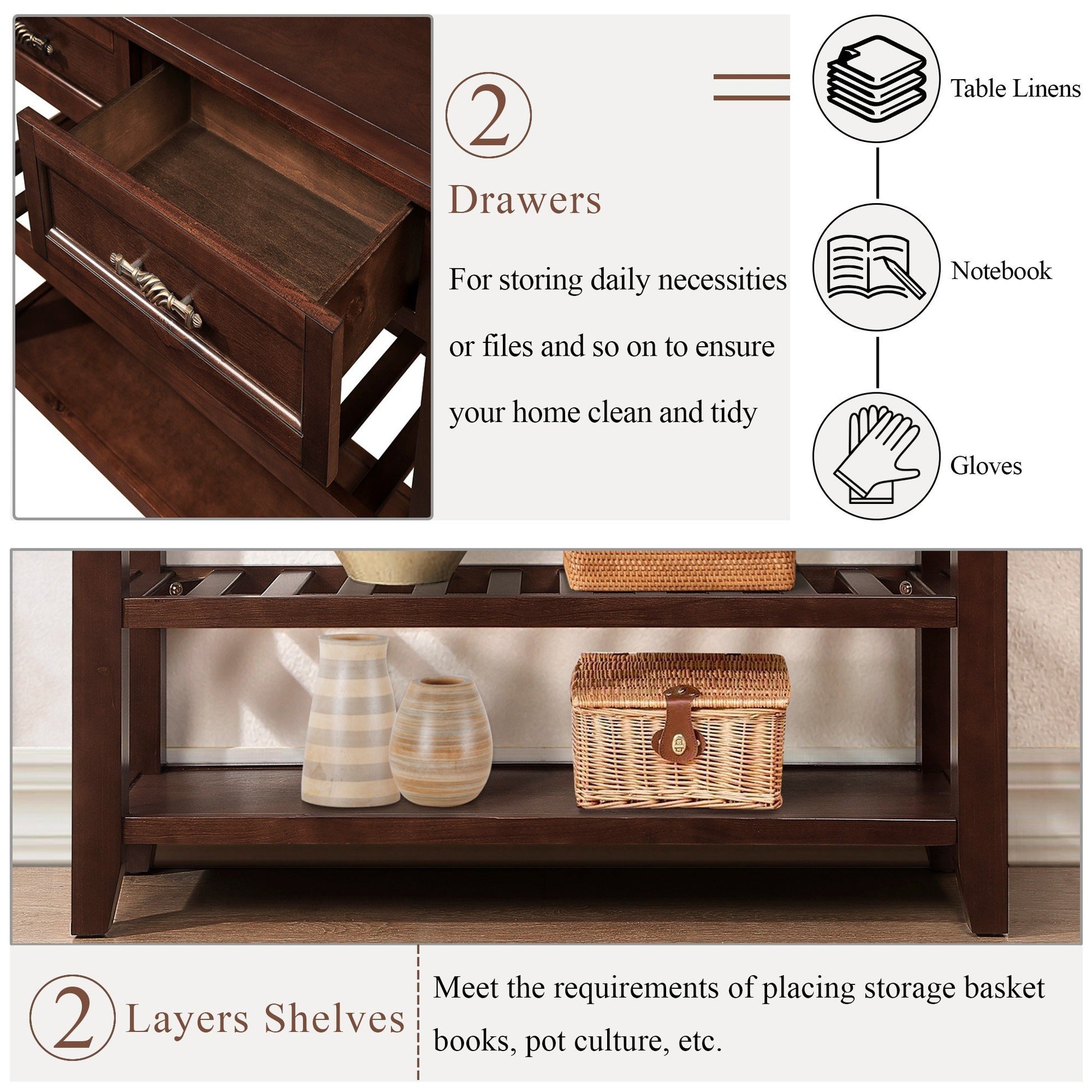 Console Sofa Table with 2 Storage Drawers and 2 Tiers Shelves, Mid-Century Style 42'' Solid Wood Buffet Sideboard for Living Room Furniture Kitchen Dining Room Entryway Hallway, Espresso (W120284583) image 7