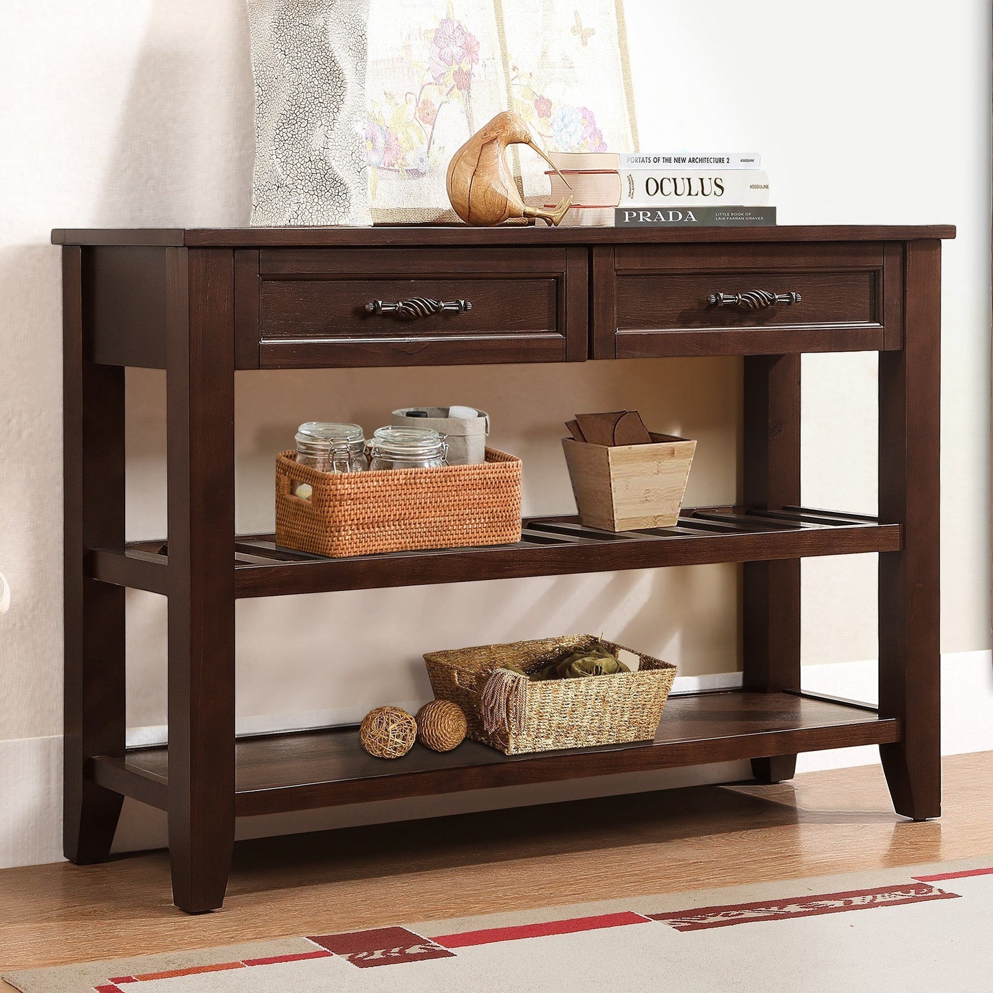 Console Sofa Table with 2 Storage Drawers and 2 Tiers Shelves, Mid-Century Style 42'' Solid Wood Buffet Sideboard for Living Room Furniture Kitchen Dining Room Entryway Hallway, Espresso (W120284583) image 1