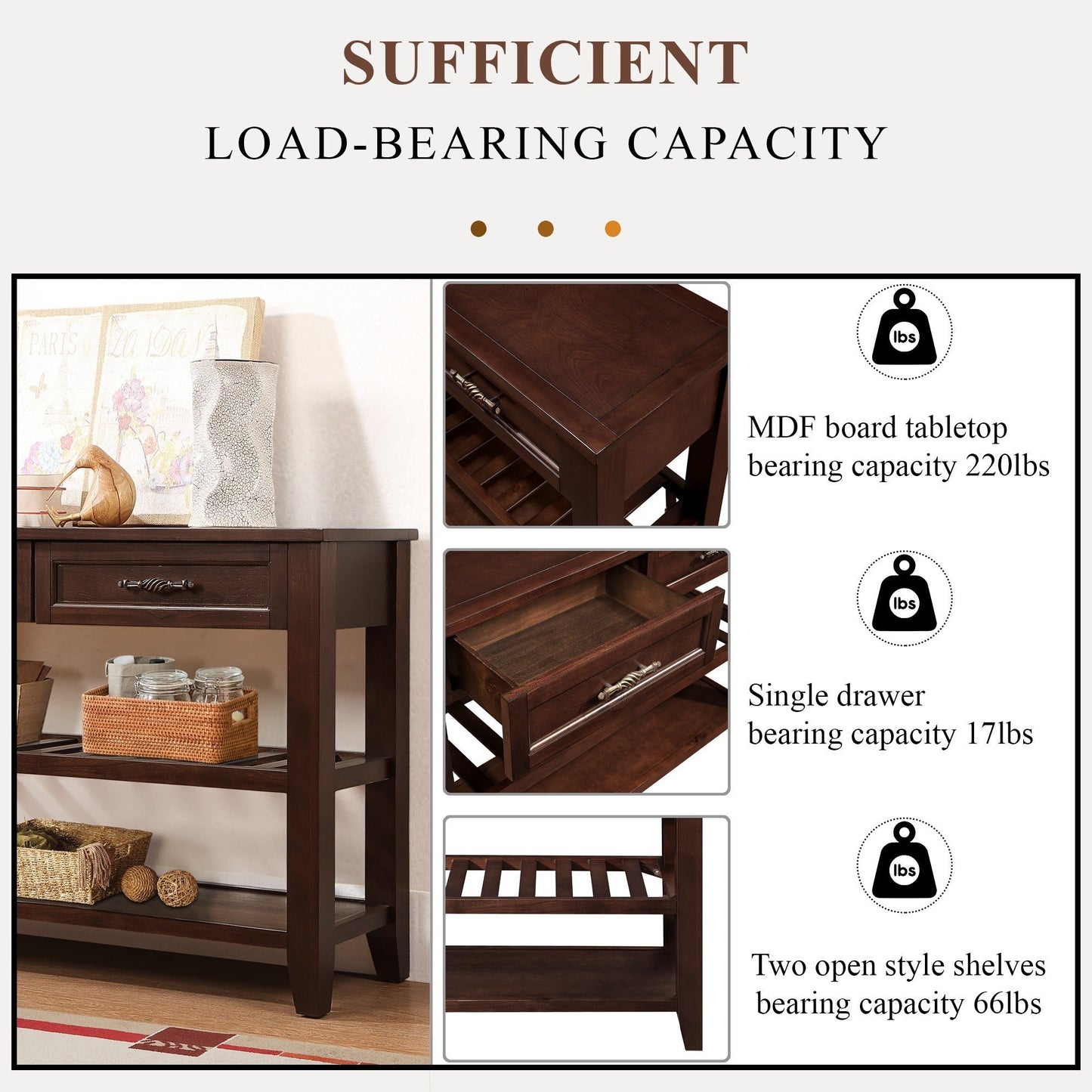Console Sofa Table with 2 Storage Drawers and 2 Tiers Shelves, Mid-Century Style 42'' Solid Wood Buffet Sideboard for Living Room Furniture Kitchen Dining Room Entryway Hallway, Espresso (W120284583) image 3