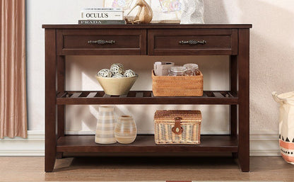 Console Sofa Table with 2 Storage Drawers and 2 Tiers Shelves, Mid-Century Style 42'' Solid Wood Buffet Sideboard for Living Room Furniture Kitchen Dining Room Entryway Hallway, Espresso (W120284583) image 11