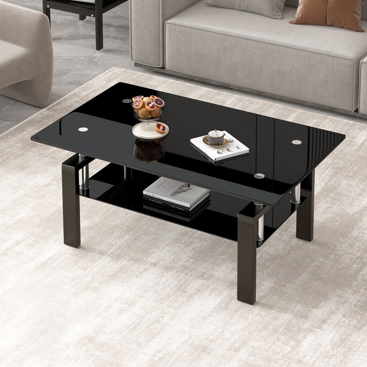 Tempered Black Glass Coffee Table, 2-Layers Tea Table image 8