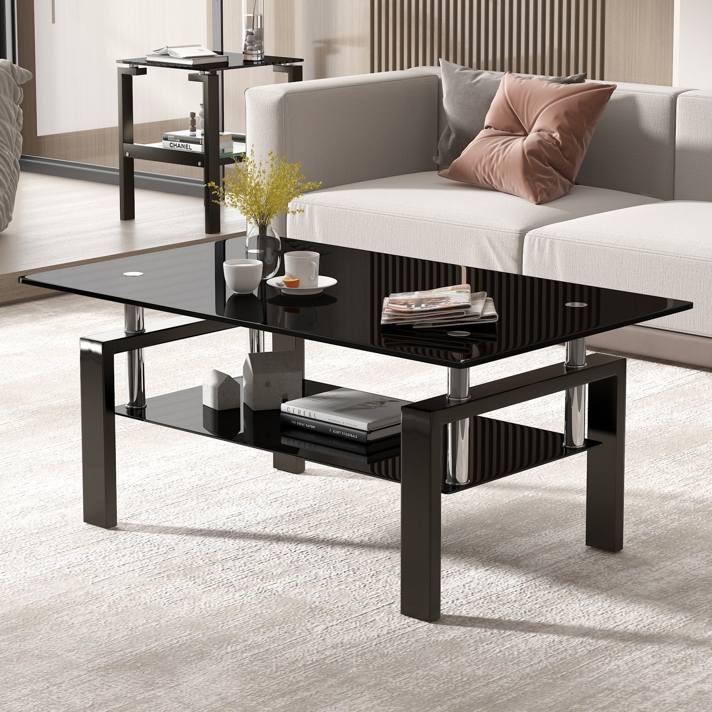 Tempered Black Glass Coffee Table, 2-Layers Tea Table image 7