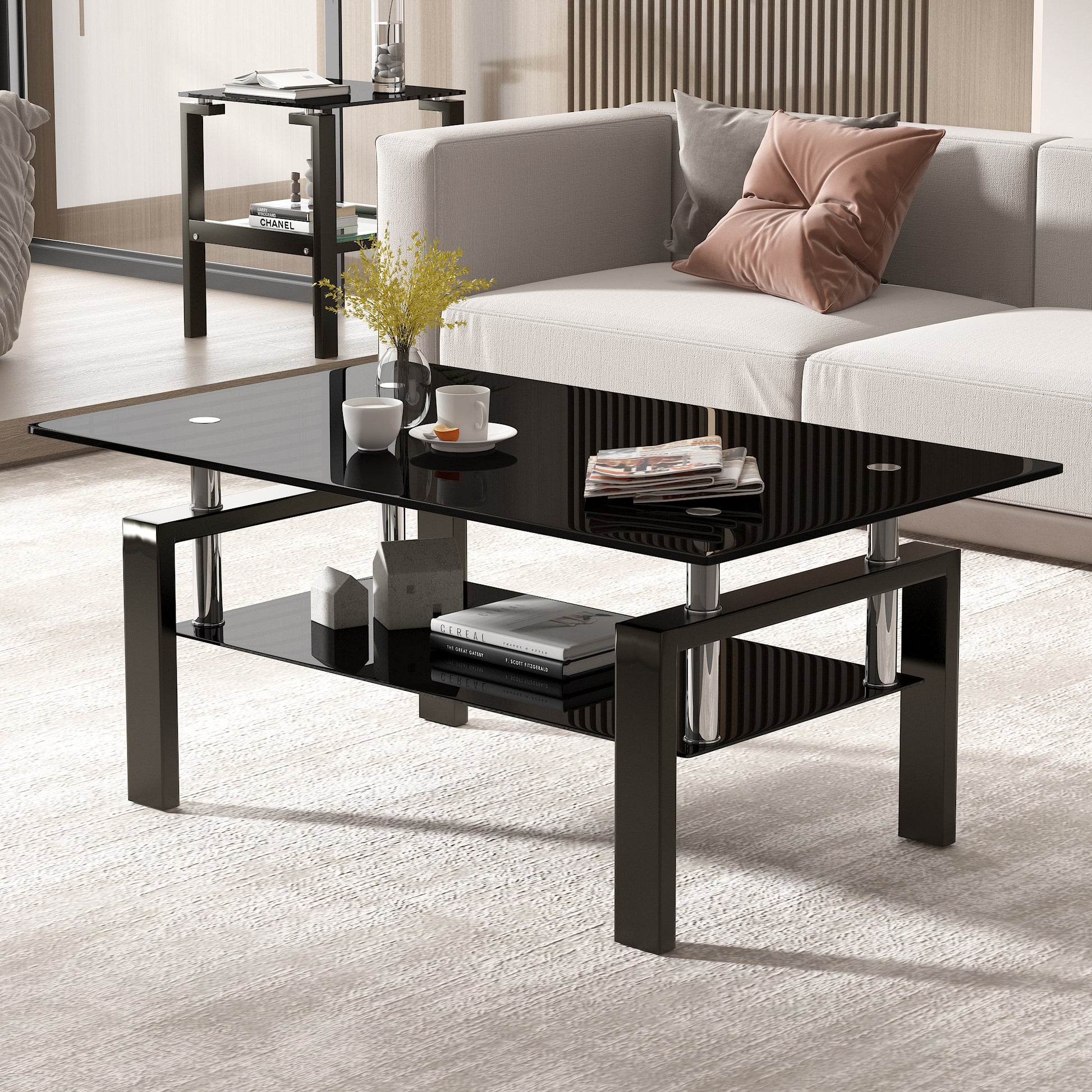Tempered Black Glass Coffee Table, 2-Layers Tea Table image 7