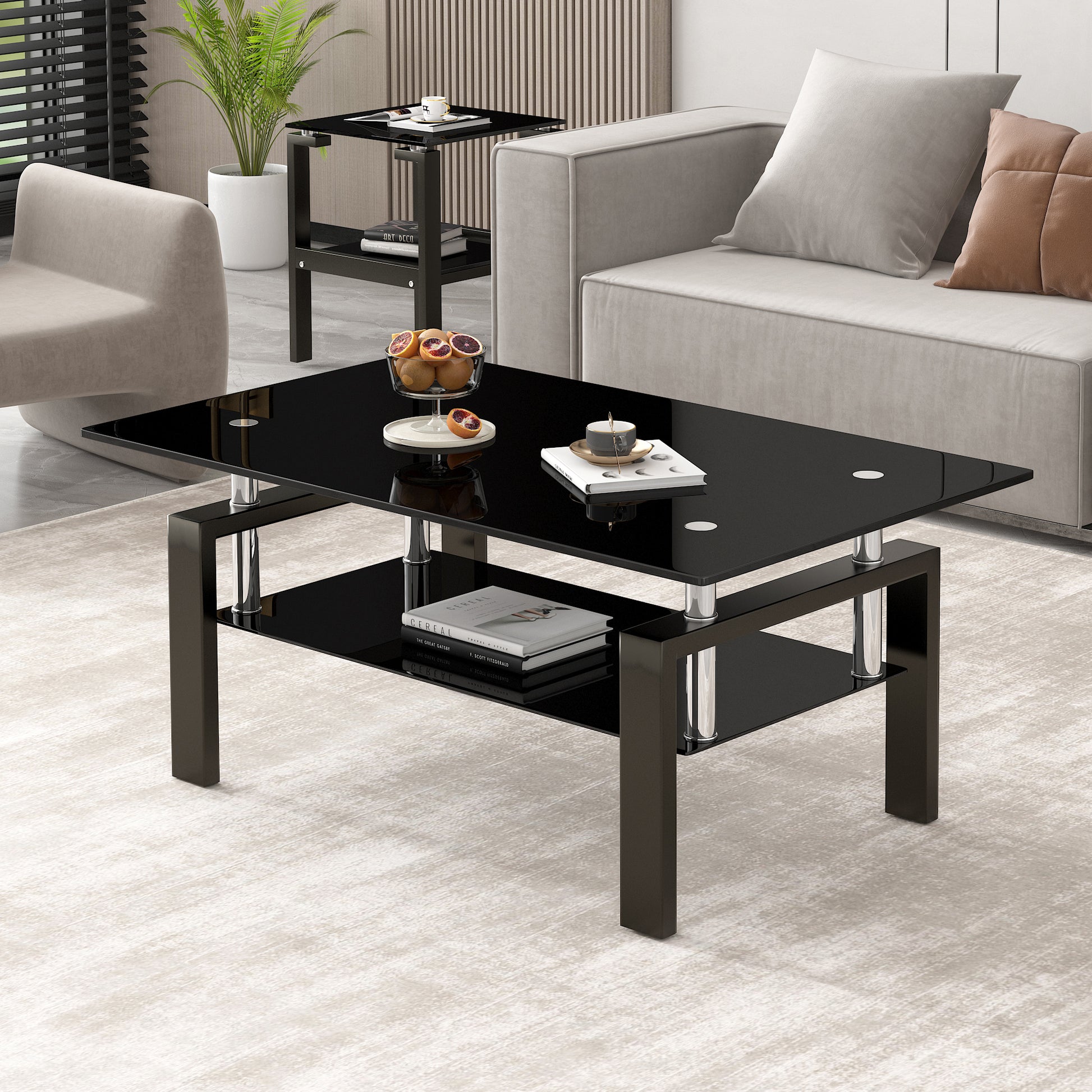 Tempered Black Glass Coffee Table, 2-Layers Tea Table image 6