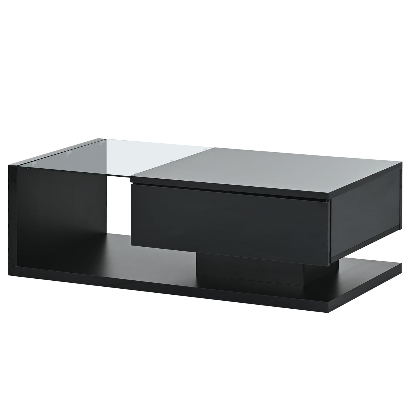 [VIDEO provided] ON-TREND Modern Coffee Table with Tempered Glass, Wooden Cocktail Table with High-gloss UV Surface, Modernist 2-Tier Rectangle Center Table for Living Room, Black image 9