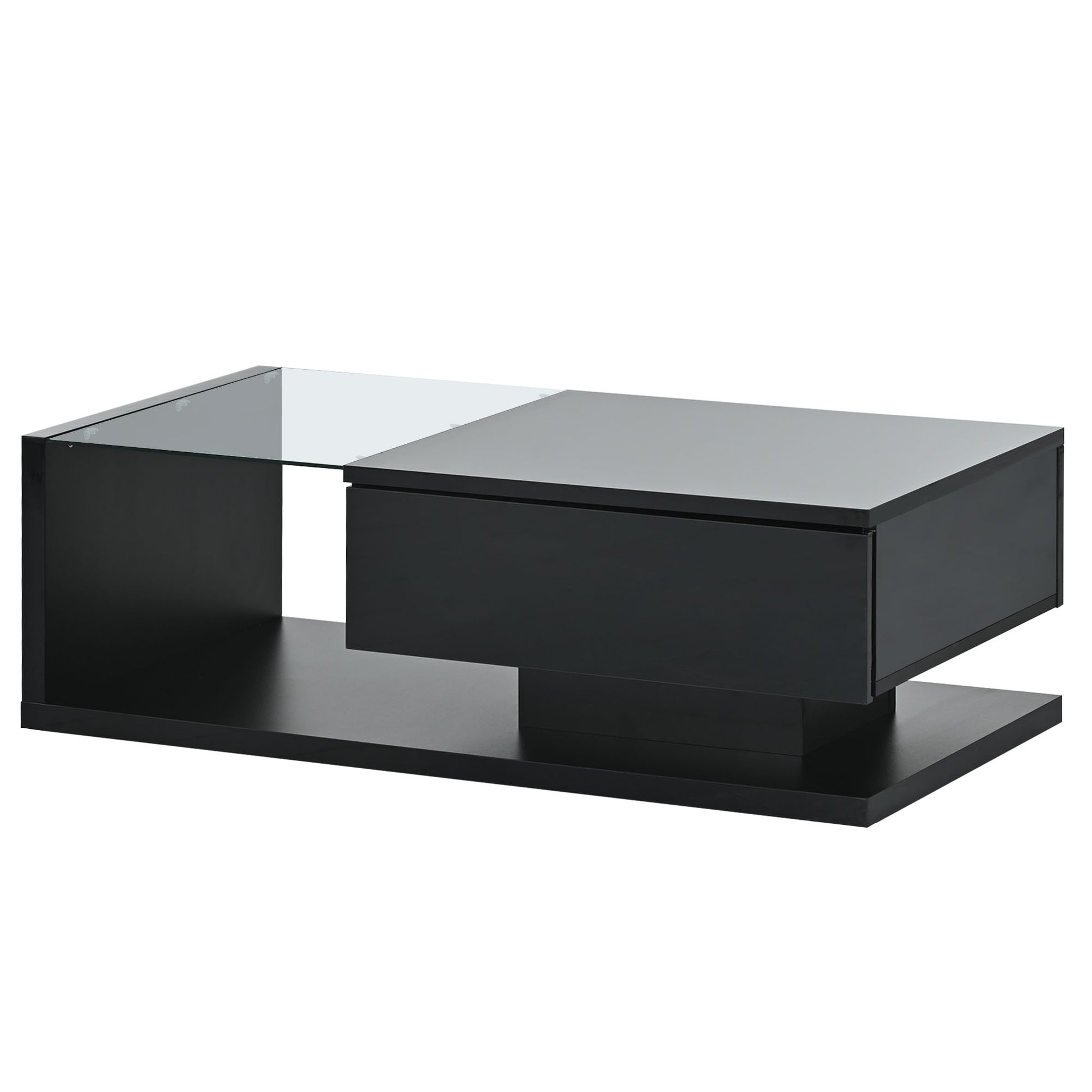 [VIDEO provided] ON-TREND Modern Coffee Table with Tempered Glass, Wooden Cocktail Table with High-gloss UV Surface, Modernist 2-Tier Rectangle Center Table for Living Room, Black image 9