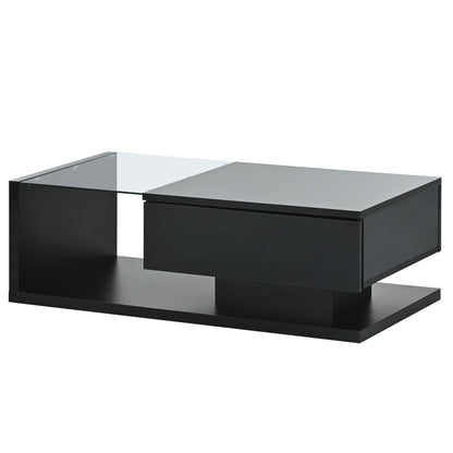 [VIDEO provided] ON-TREND Modern Coffee Table with Tempered Glass, Wooden Cocktail Table with High-gloss UV Surface, Modernist 2-Tier Rectangle Center Table for Living Room, Black image 9