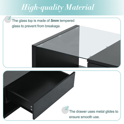 [VIDEO provided] ON-TREND Modern Coffee Table with Tempered Glass, Wooden Cocktail Table with High-gloss UV Surface, Modernist 2-Tier Rectangle Center Table for Living Room, Black image 5