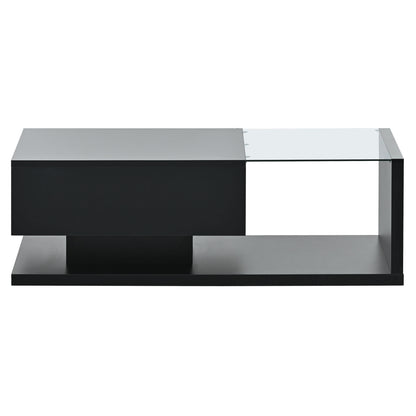 [VIDEO provided] ON-TREND Modern Coffee Table with Tempered Glass, Wooden Cocktail Table with High-gloss UV Surface, Modernist 2-Tier Rectangle Center Table for Living Room, Black image 12