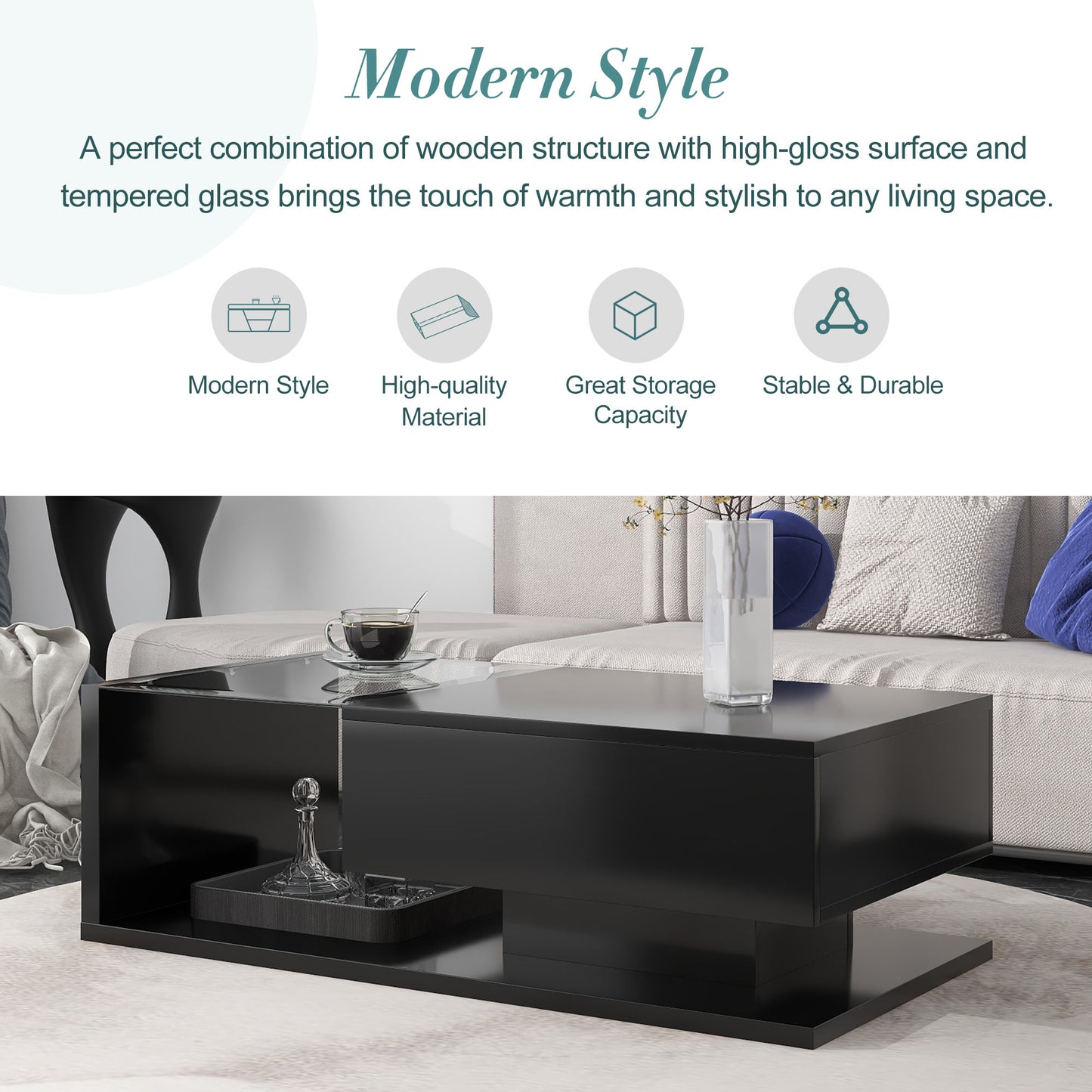 [VIDEO provided] ON-TREND Modern Coffee Table with Tempered Glass, Wooden Cocktail Table with High-gloss UV Surface, Modernist 2-Tier Rectangle Center Table for Living Room, Black image 3