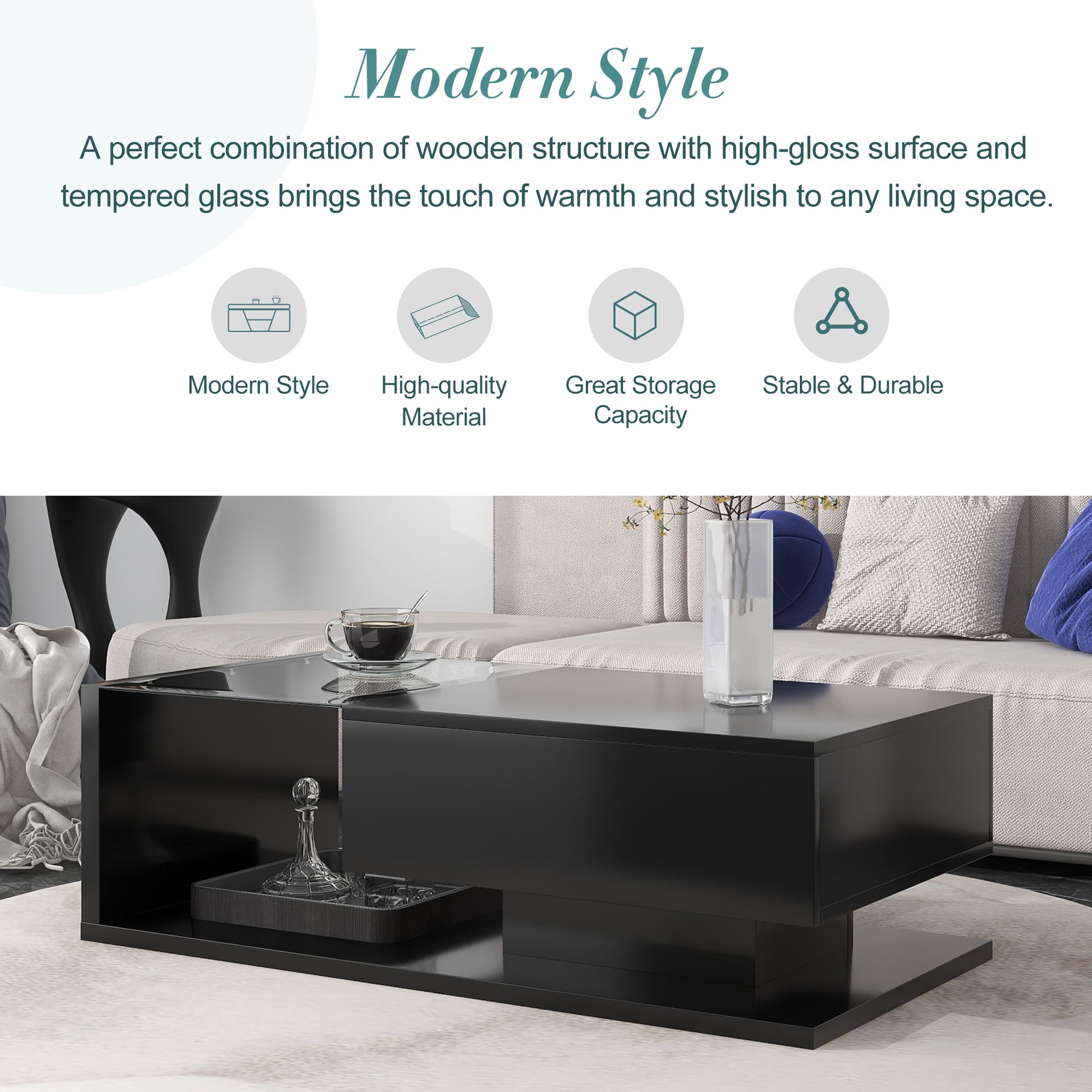 [VIDEO provided] ON-TREND Modern Coffee Table with Tempered Glass, Wooden Cocktail Table with High-gloss UV Surface, Modernist 2-Tier Rectangle Center Table for Living Room, Black image 3