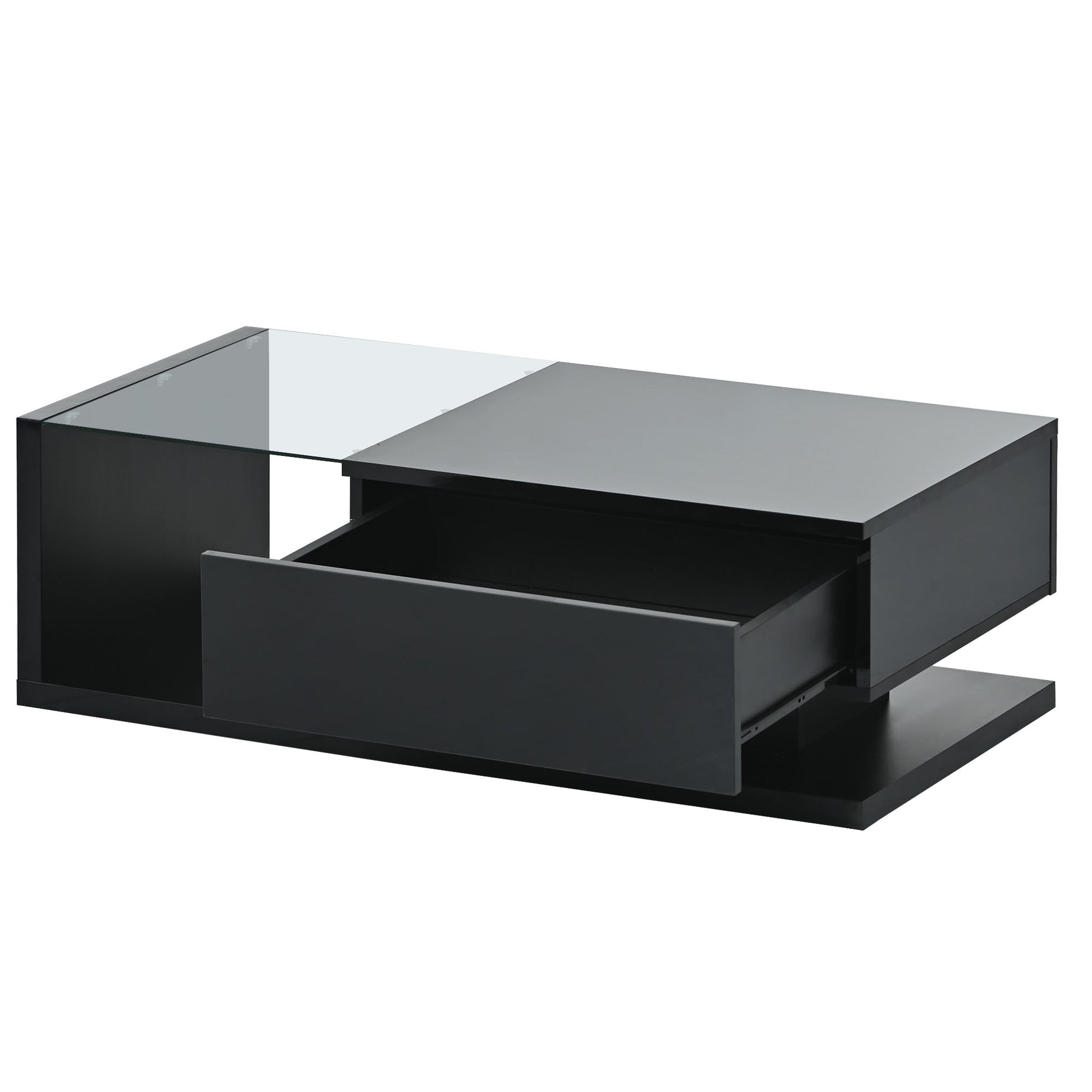 [VIDEO provided] ON-TREND Modern Coffee Table with Tempered Glass, Wooden Cocktail Table with High-gloss UV Surface, Modernist 2-Tier Rectangle Center Table for Living Room, Black image 11