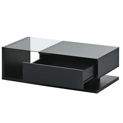 [VIDEO provided] ON-TREND Modern Coffee Table with Tempered Glass, Wooden Cocktail Table with High-gloss UV Surface, Modernist 2-Tier Rectangle Center Table for Living Room, Black image 11