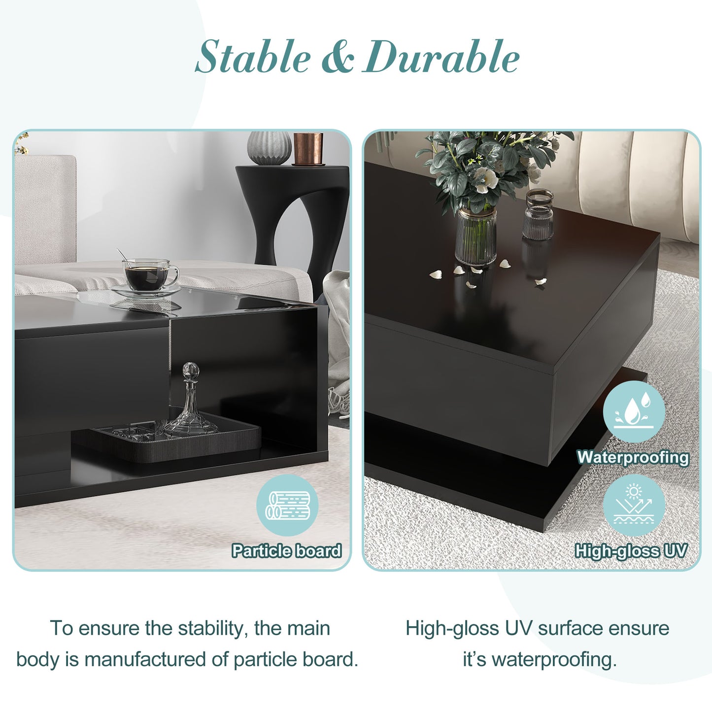 [VIDEO provided] ON-TREND Modern Coffee Table with Tempered Glass, Wooden Cocktail Table with High-gloss UV Surface, Modernist 2-Tier Rectangle Center Table for Living Room, Black image 6